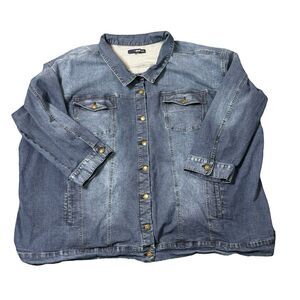 Denim 24/7 Shirt Womens 44W Plus Blue Denim Jean Chest Pockets Reach In Pockets‎